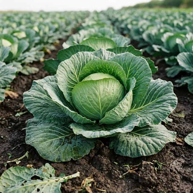 広大な畑に広がる、結球し始めたキャベツたち
